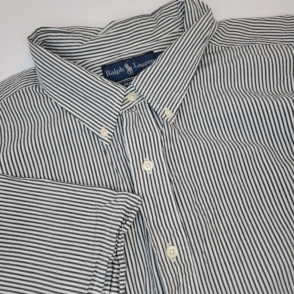 Ralph Lauren Button Down Shirt Mens 2X Navy White Striped Excellent Classic Fit